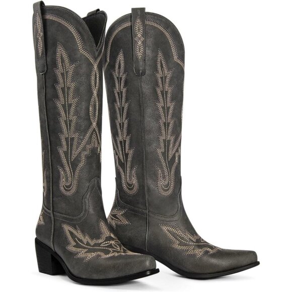 Cowboy Boots for Women Knee High Cowgirl Boots Embroidered Slip On Pointed Toe - Picture 6 of 7